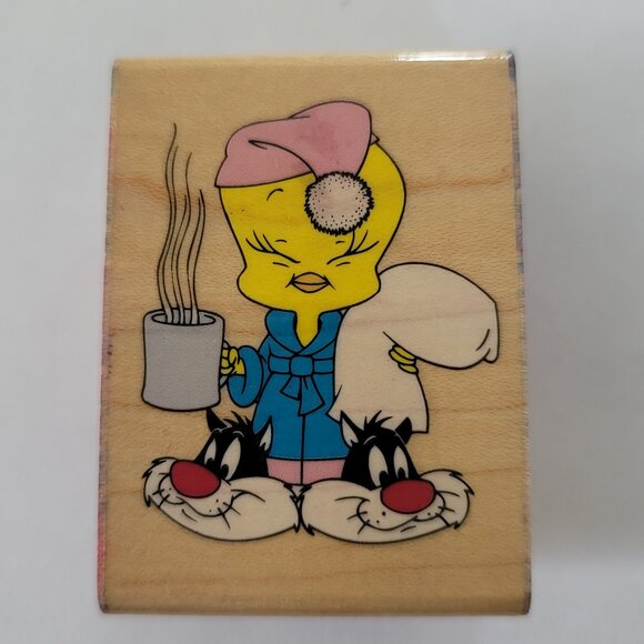 1996 Rubber Stampede Rubber Stamp Bedtime Tweety Bird Wearing Sylvester Slippers - Picture 1 of 11